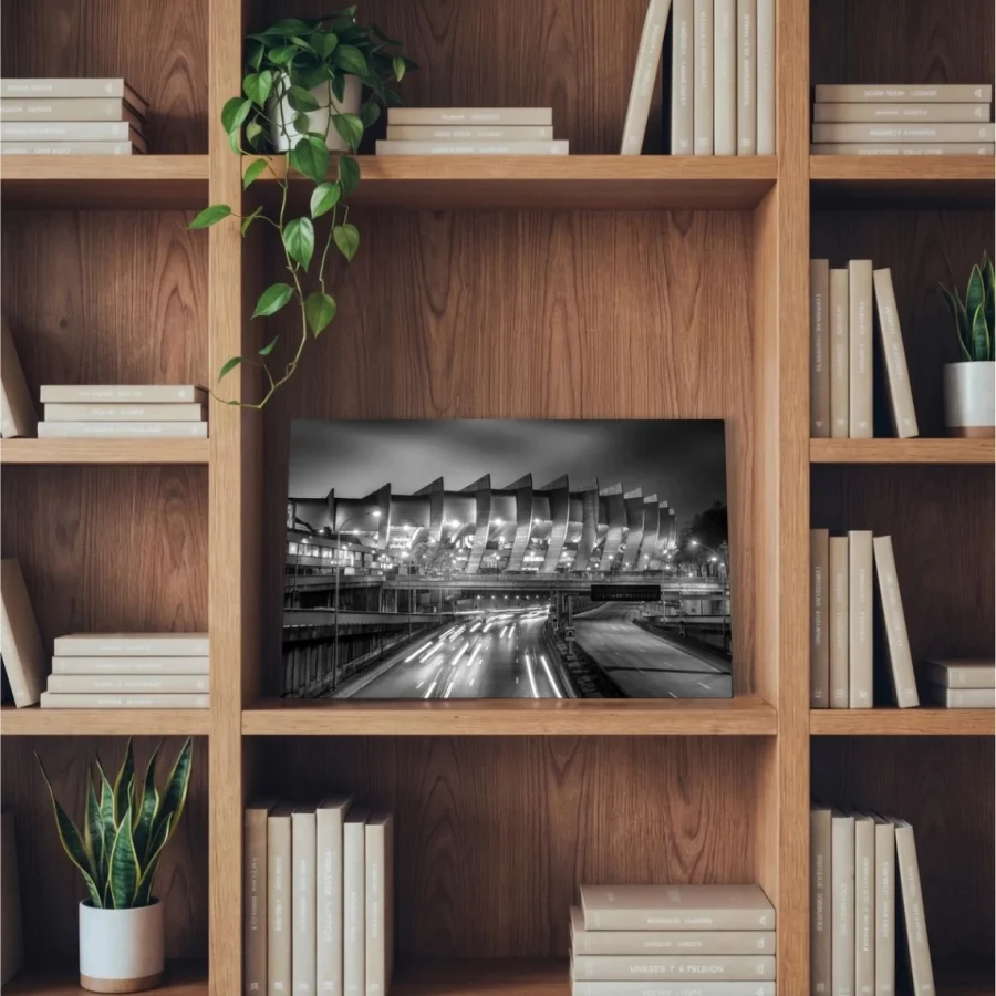 Tableau photo du Parc des Princes en Noir et Blanc au format 20 x 30 cm installé dans une bibliothèque en bois