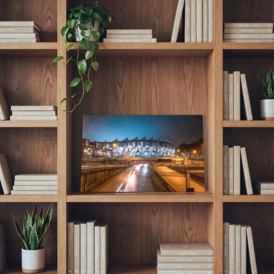 Affiche photo PSG du Parc des Princes au format 20 x 30 cm installé dans une bibliothèque en bois