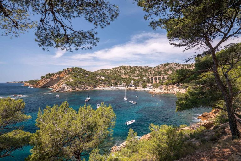 Vue panoramique encadrée par des pins d'Alep sur les eaux turquoise de la calanque de Méjean, avec ses bateaux au mouillage, ses falaises côtières et les arches du viaduc ferroviaire.