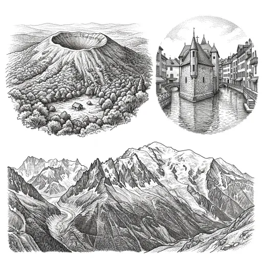 Illustration de la région Auvergne Rhône Alpes avec la chaine des Volcans, la ville d'Annecy et le Mont-Blanc