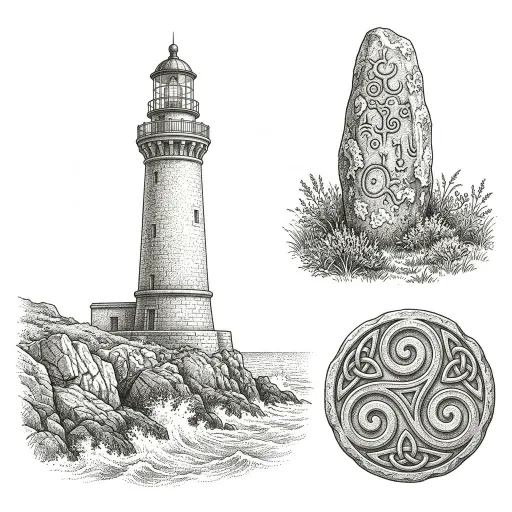 Illustration de la région Bretagne avec un phare, un menhir et un triskel