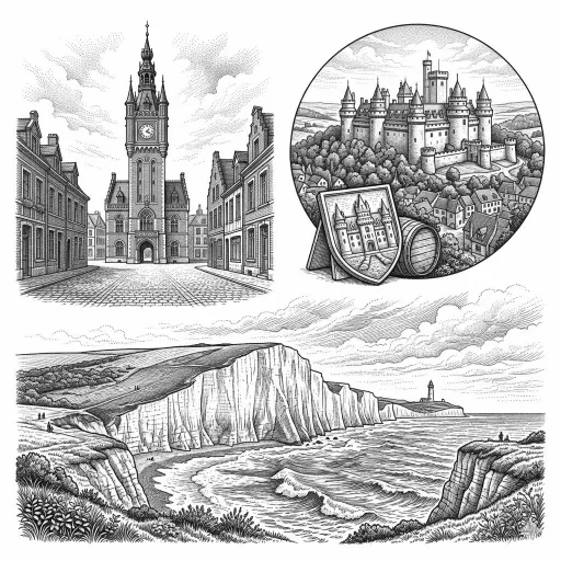 Illustration de la région Hauts de France avec le Chateau de Pierrefonds, un beffroi et les falaises de la Côte d'Opale