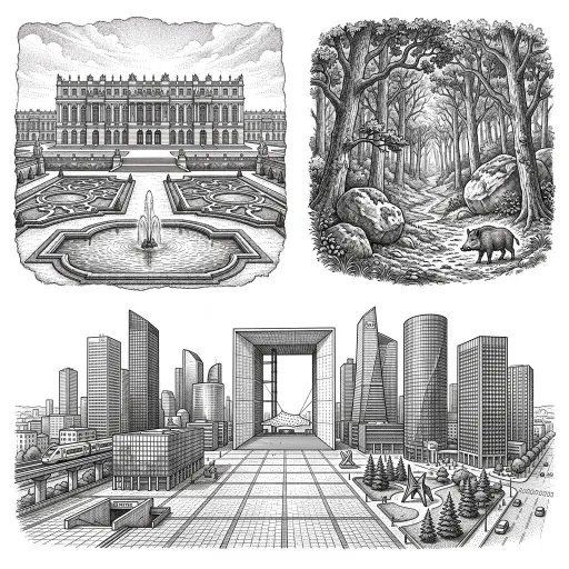 Illustration de la région Ile de France avec le Chateau de Versailles, une forêt et le quartier de La Défense