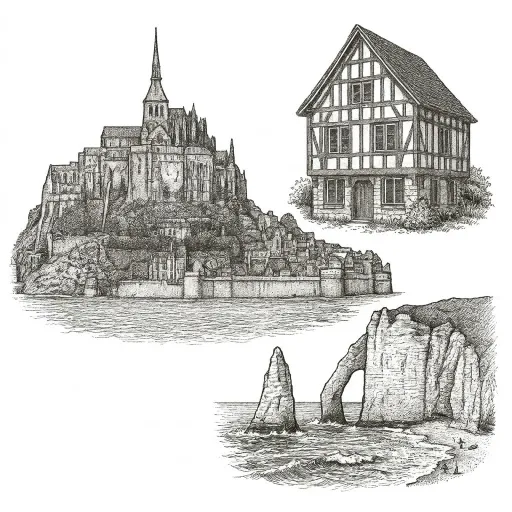 Illustration de la région Normandie avec le Mont-Saint-Michel, une maison à colombages et les Falaises d'Etretat
