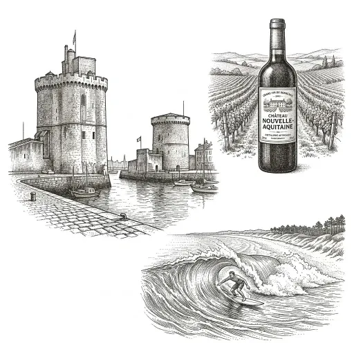 Illustration de la région Nouvelle-Aquitaine avec les Tours de La rochelle, un vignoble bordelais et un surfeur des Landes