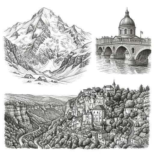 Illustration de la région Occitanie avec les Pyrénées, le Dôme de la Grave de Toulouse et le village de Rocamadour