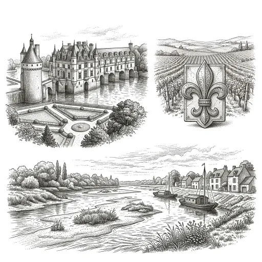 Illustration de la région Centre Val de Loire avec le chateau de Chenonceau, une fleur de Lys et les bords de Loire