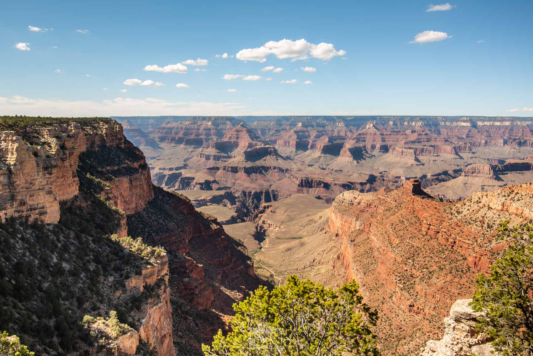 Vue panoramique plongeante sur les parois abruptes et les strates géologiques rouges et ocres du Grand Canyon s'étendant à l'infini sous un ciel bleu parsemé de nuages blancs.