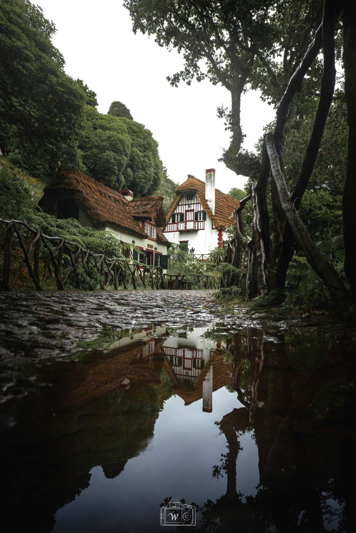 Vue en contre-plongée au ras du sol montrant les toits de chaume de maisons traditionnelles de Santana et une barrière en bois rustique se reflétant dans une flaque d'eau sur une allée pavée à Madère.