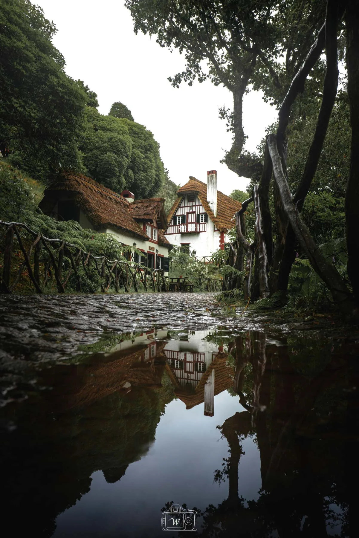 Vue en contre-plongée au ras du sol montrant les toits de chaume de maisons traditionnelles de Santana et une barrière en bois rustique se reflétant dans une flaque d'eau sur une allée pavée à Madère.